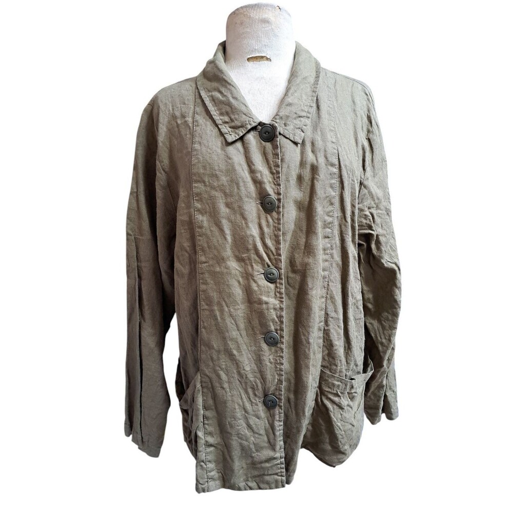 Flax Shirt Jacket Women L 100% Linen Brown Normcore Lagenlook Top Pocket Capsule